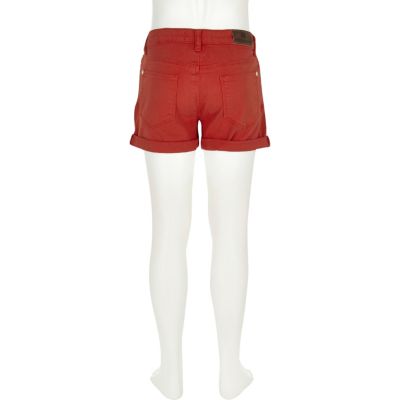 Girls red denim turn-up shorts